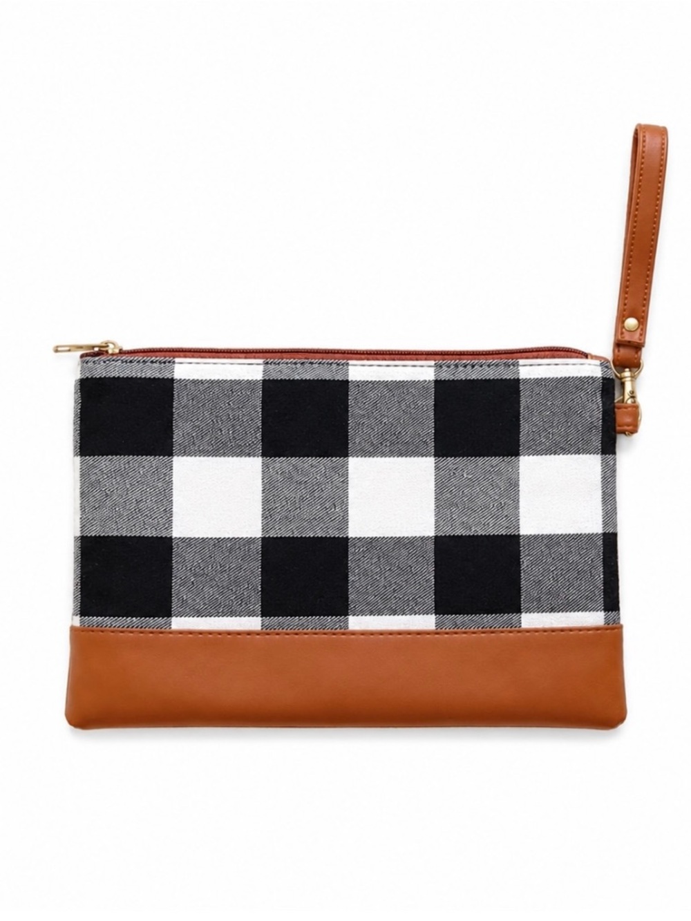 Black & White Buffalo Check Canvas Pouch with Brown Trim